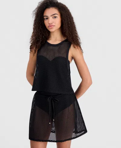 Miken Women's Crochet Swim Cover Up Crop Tank Top, Macy's Exclusive In Black