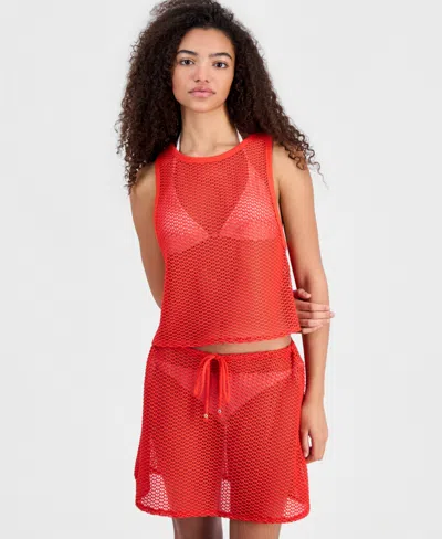 Miken Women's Crochet Swim Cover Up Crop Tank Top, Macy's Exclusive In Red