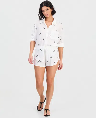 Miken Women's Dolphin Martini Embroidery Cover-up Swim Shorts In White