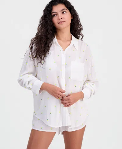 Miken Women's Lemon Embroidered Long-sleeve Swim Cover Up Shirt, Macy's Exclusive In White