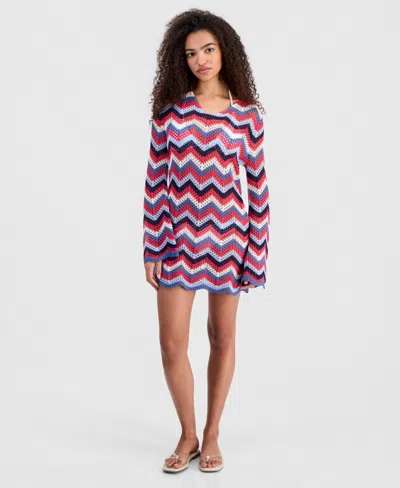 Miken Women's Long-sleeve Chevron Swim Cover Up Dress, Macy's Exclusive In Multi