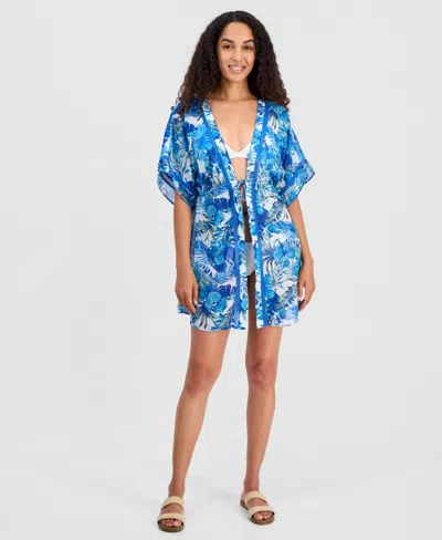 Miken Women's Printed Short-sleeve Swim Cover Up Kimono, Macy's Exclusive In Blue