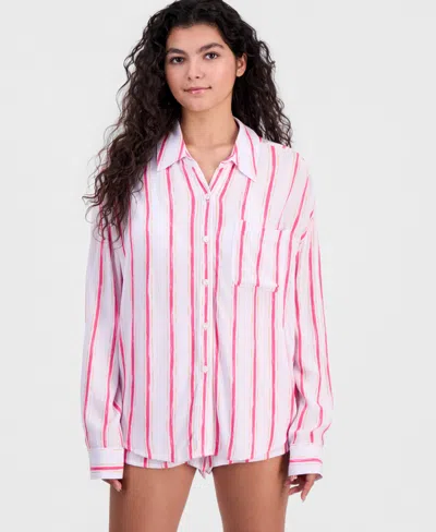 Miken Women's Striped Button-front Swim Cover Up Shirt, Macy's Exclusive In Pink