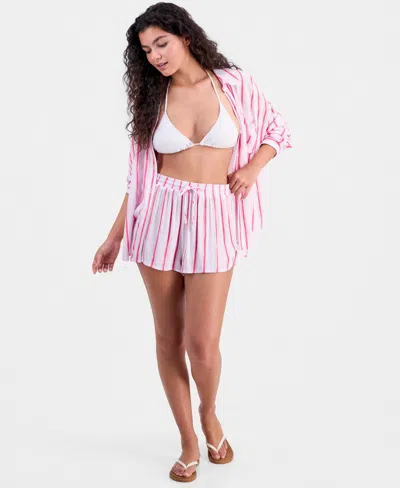 Miken Women's Striped Button-front Swim Cover Up Shirt, Macy's Exclusive In Pink
