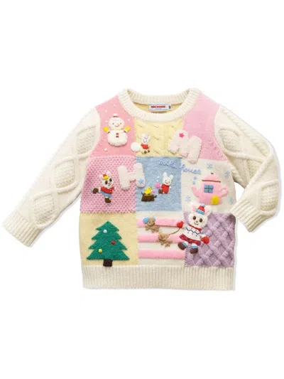 Miki House Kids' Animal Friends Patchwork Knitted Jumper In White