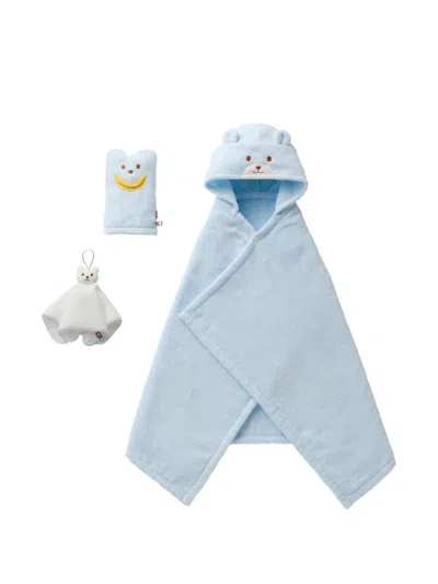 Miki House Kids' Bear-motif Hooded Bath Poncho Set In Blue