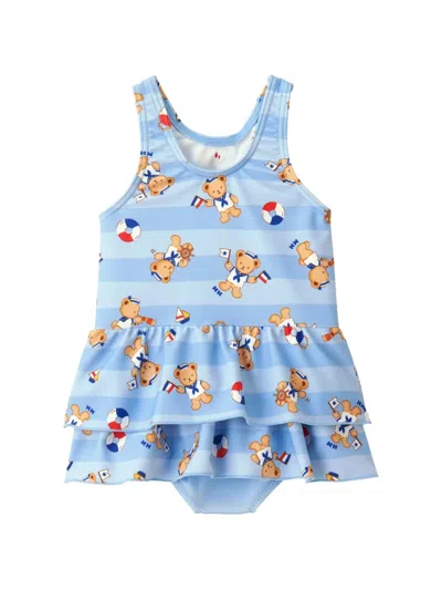 Miki House Kids' Bear-print Tiered Swimsuit In Blue