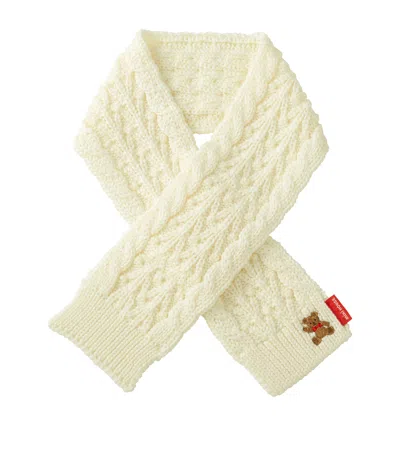 Miki House Kids' Cable-knit Bear-embroidered Scarf In Ivory