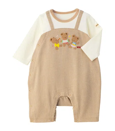 Miki House Kids' Cotton Embroidered Bear Playsuit In Beige