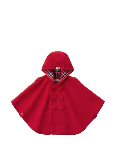Miki House Kids' Double-breasted Hooded Poncho In Red