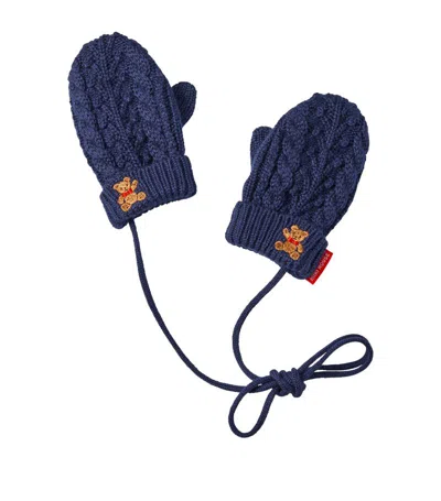 Miki House Embroidered Cable-knit Mittens In Navy