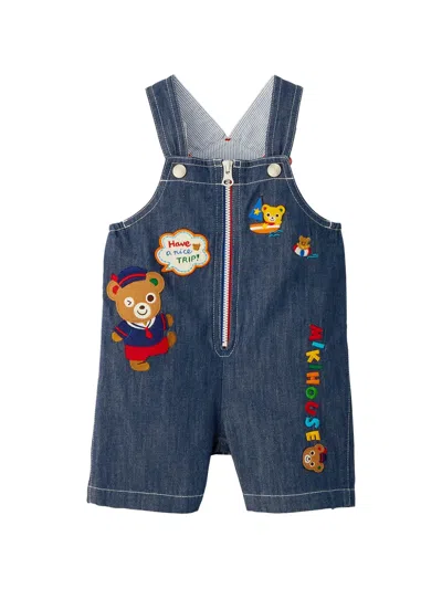 Miki House Kids' Embroidered Denim Overalls In Blue