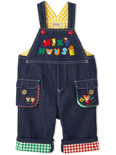 Miki House Kids' Embroidered-logo Denim Short Dungarees In Blue