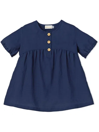 Miki House Kids' Embroidered-logo Short-sleeve Dress In Blue