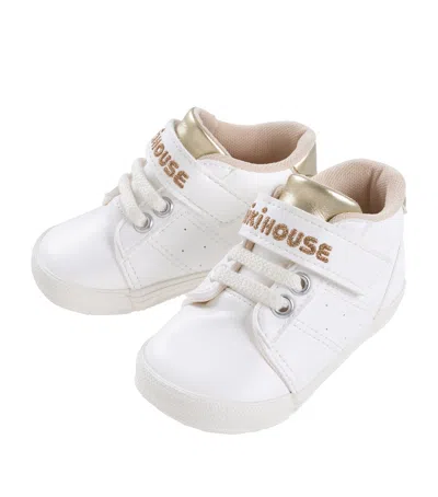 Miki House Kids' Leather Logo Strap Sneakers In White