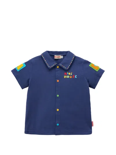Miki House Kids' Logo-embroidered Contrast-stitch Shirt In Blue