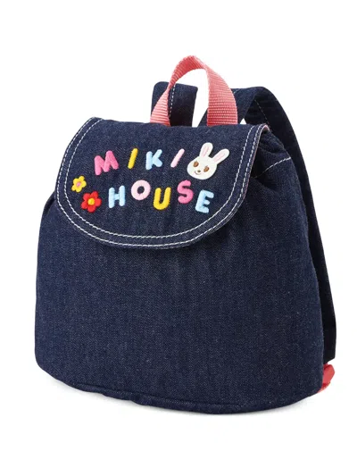 Miki House Kids' Logo-embroidered Denim Backpack In Blue