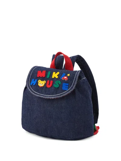 Miki House Kids' Logo-patch Denim Backpack In Blue