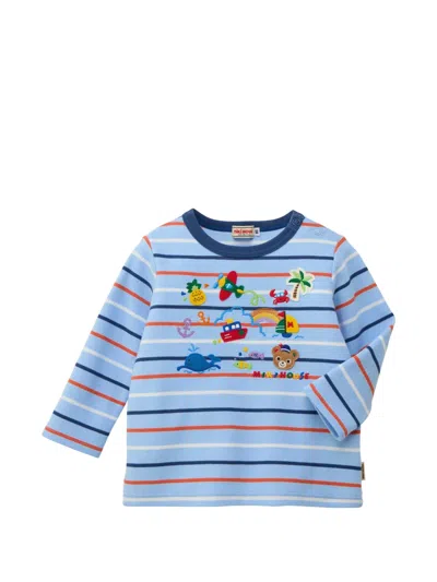 Miki House Babies' Striped Appliqué Long-sleeve T-shirt In Blue