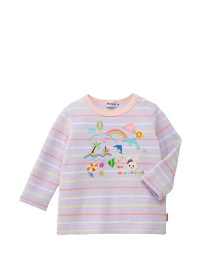 Miki House Kids' Striped Embroidered T-shirt In Purple