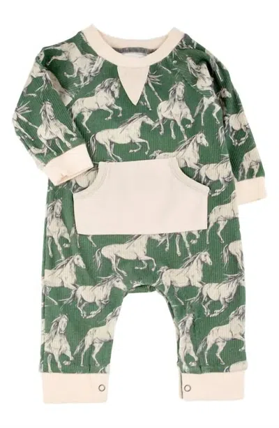 Miki Miette Kids' Baby's Nova Crew Neck Romper In Wild Horses In Green