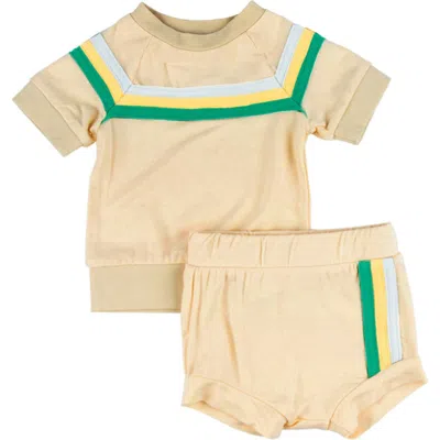 Miki Miette Babies'  Carlo Stripe Short Sleeve Pullover & Shorts Set In Neutral