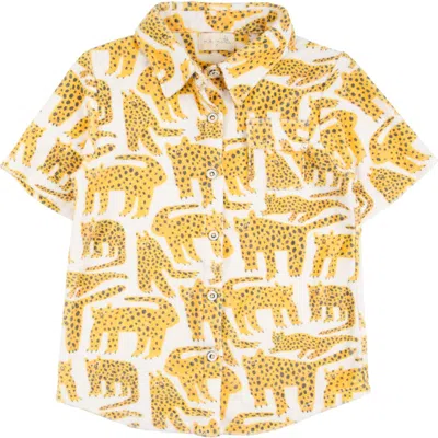Miki Miette Kids' Jerry Cheetah Short Sleeve Cotton Button-up Shirt In Brown