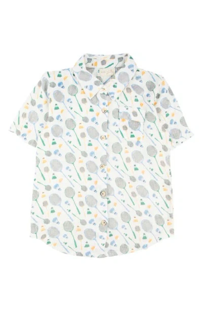 Miki Miette Kids' Jerry Racket Print Short Sleeve Cotton Button-up Shirt In Badminton