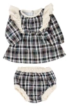 Miki Miette Plaid Ruffle Accent Long Sleeve Cotton Dress & Bloomers In Symphony