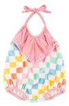 Miki Miette Star Check Print Cotton Terry Halter Bubble Romper In Starburst