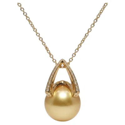 Pre-owned Mikimoto 13mm Golden South Sea Pearl And Diamond 18k Yellow Gold Necklace