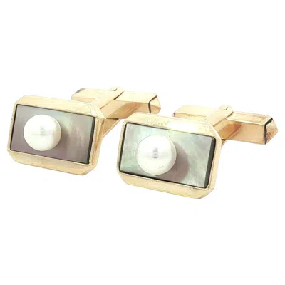 Pre-owned Mikimoto 14k Gold Top Quality Pearl & Mother Of Pearl Rectangular Cufflinks In Multi