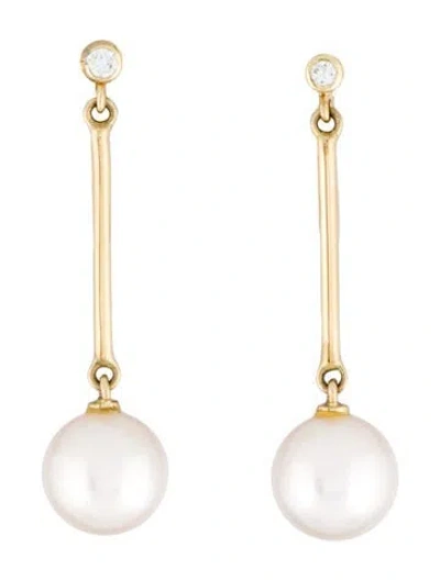 Pre-owned Mikimoto 14k Pearl & Diamond Drop Screw Back Earrings In Multi
