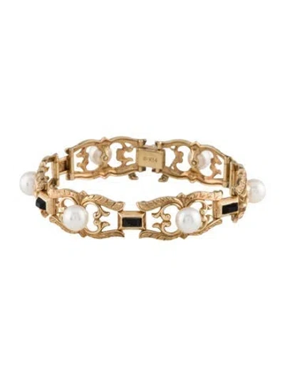 Pre-owned Mikimoto 14k Pearl & Obsidian Link Bracelet, 6" In Multi