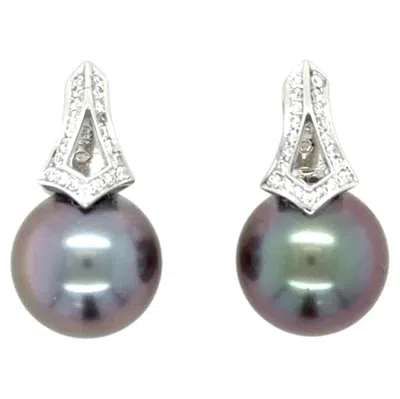Pre-owned Mikimoto , 18 Karat White Gold, Cultured South Sea Pearl And Dianond Earrings