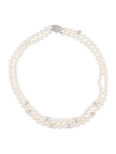 Pre-owned Mikimoto 18k Akoya Pearl & Diamond Double Strand Necklace, 17.75" In Multicolor