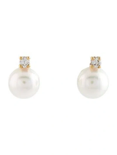 Pre-owned Mikimoto 18k Akoya Pearl & Diamond Stud Earrings In Multicolor