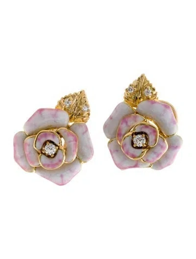 Pre-owned Mikimoto 18k Diamond & Enamel Princess Grace Flower Earclip Earrings In Pink/white