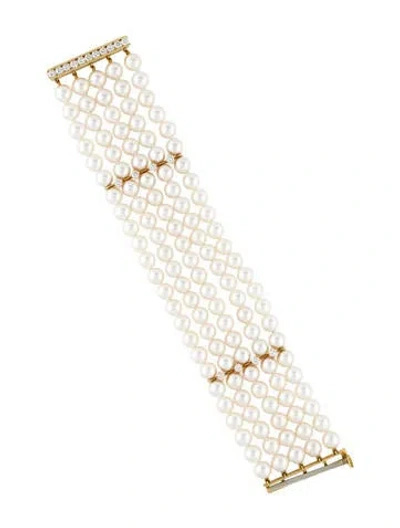 Pre-owned Mikimoto 18k Diamond & Pearl Bracelet, 6.5" In Multicolor