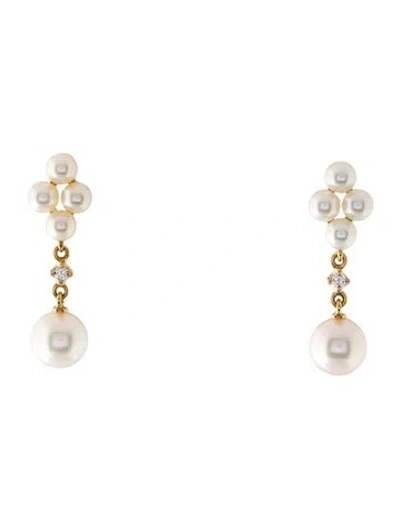 Pre-owned Mikimoto 18k Pearl & Diamond Cluster Drop Earrings In Multi