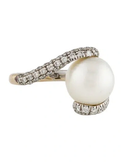 Pre-owned Mikimoto 18k Pearl & Diamond Cocktail Ring In Multi