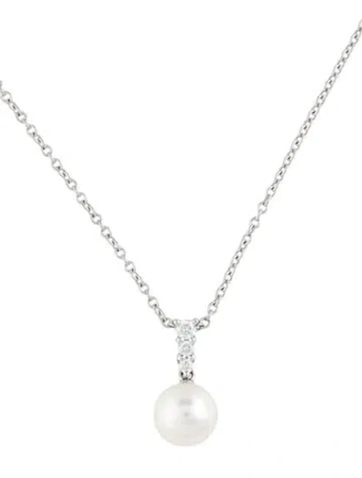 Pre-owned Mikimoto 18k Pearl & Diamond Drop Necklace, 18" In Multicolor
