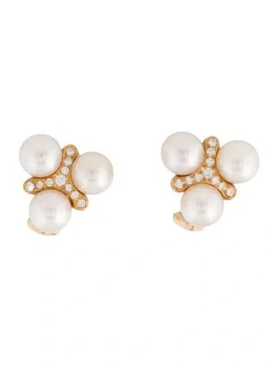 Pre-owned Mikimoto 18k Pearl & Diamond Earclips In Multicolor