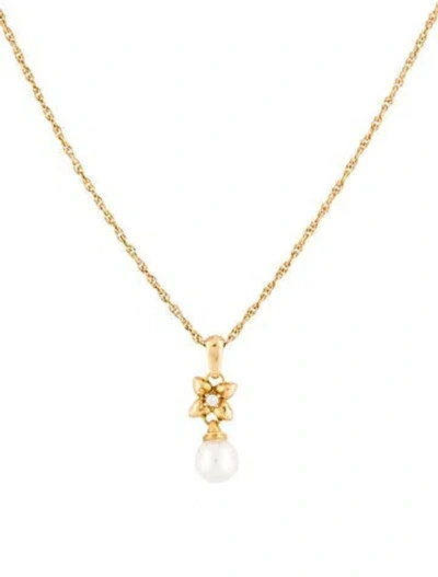 Pre-owned Mikimoto 18k Pearl & Diamond Flower Pendant Necklace, 15.75" In Multi