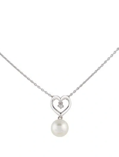 Pre-owned Mikimoto 18k Pearl & Diamond Heart Pendant Necklace, 17" In Multi