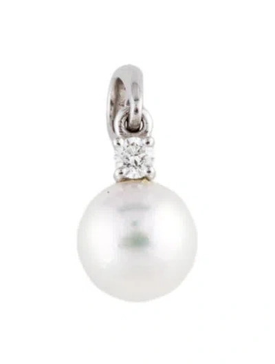 Pre-owned Mikimoto 18k Pearl & Diamond Pendant, 0.75" In Multi