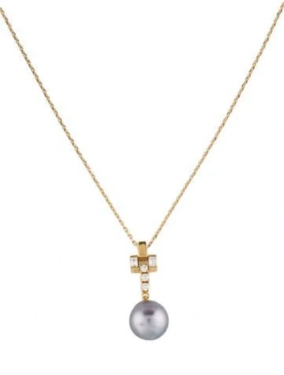 Pre-owned Mikimoto 18k Pearl & Diamond Pendant Necklace, 15.75" In Multi