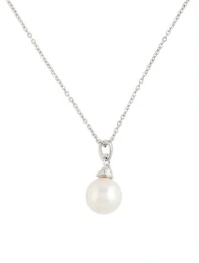 Pre-owned Mikimoto 18k Pearl & Diamond Pendant Necklace, 16" In Multicolor