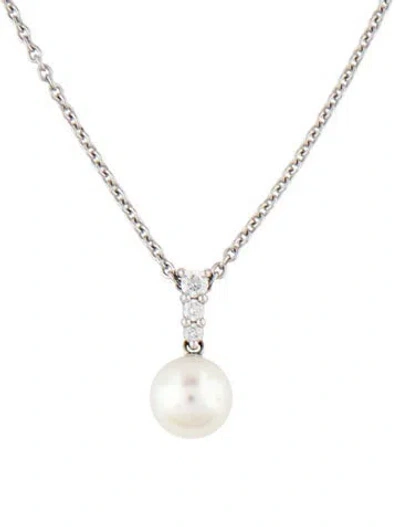 Pre-owned Mikimoto 18k Pearl & Diamond Pendant Necklace, 18" In Multicolor