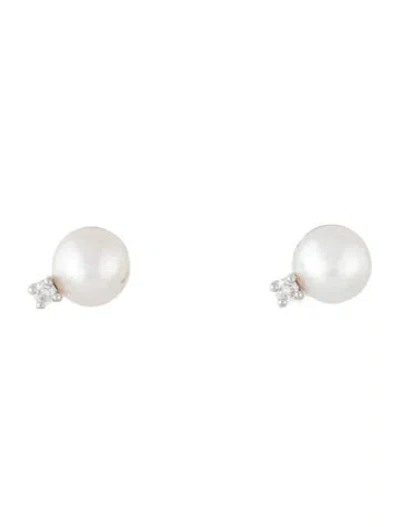 Pre-owned Mikimoto 18k Pearl & Diamond Stud Earrings In Multicolor